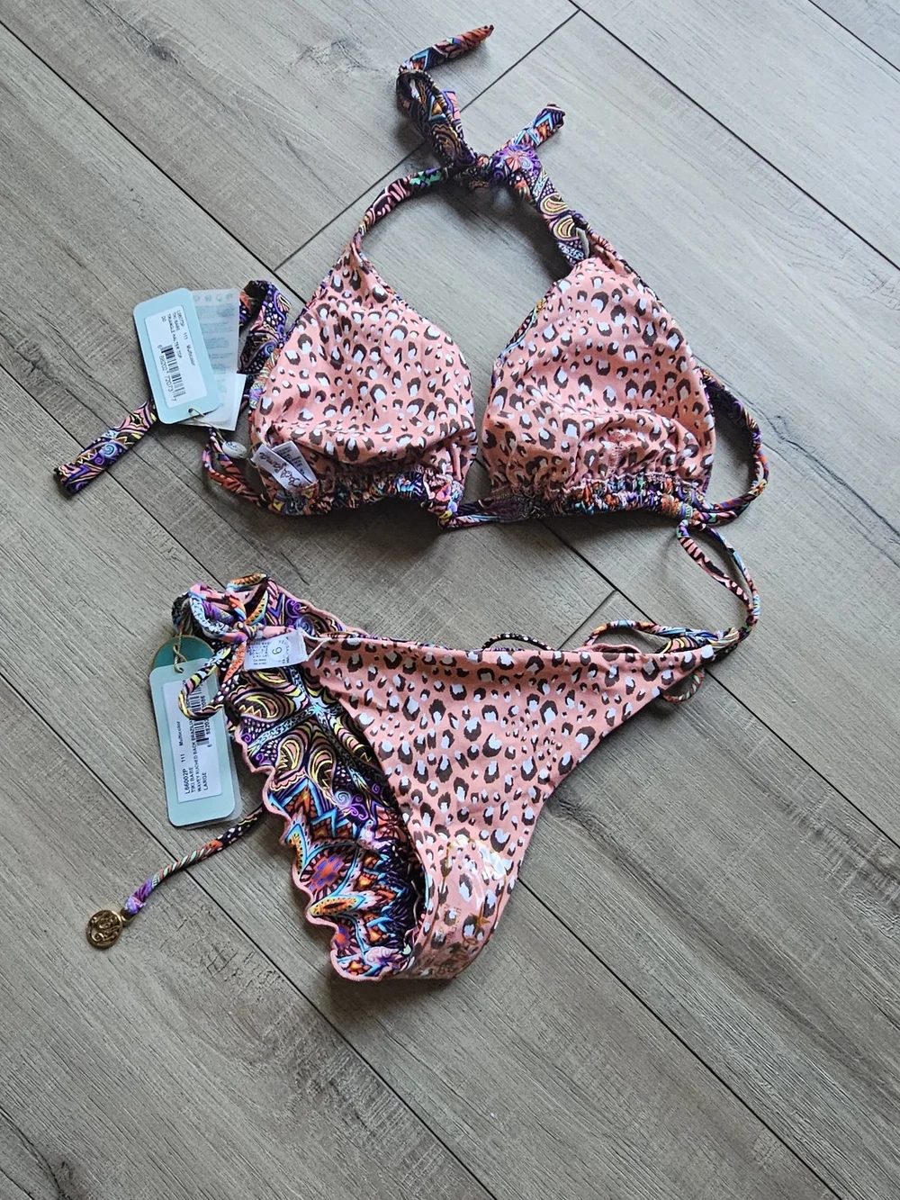 Luli Fama Pink Leopard & Paisley Print Bikini Top with Multicolor Braided Ties